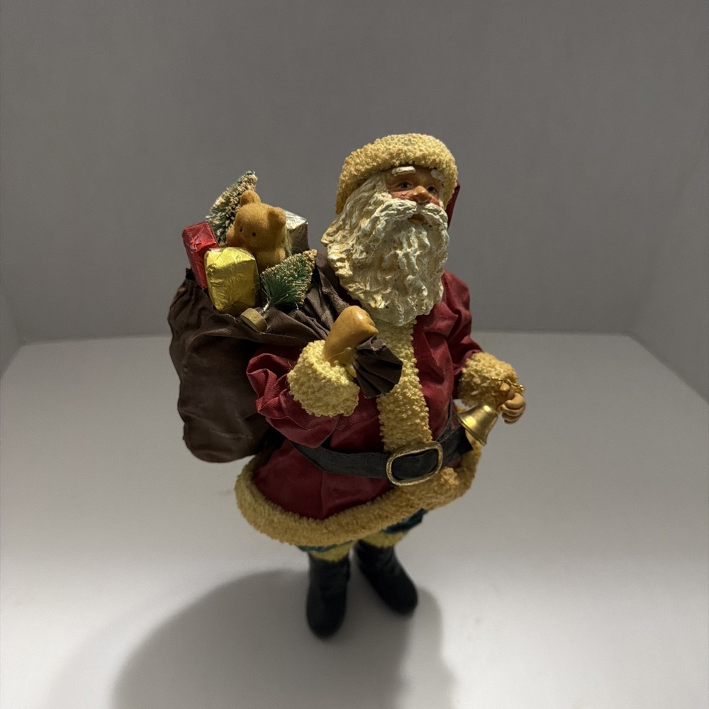Vintage Santa Claus Figurine with Toy Sack Teddy Bear and Bell Holiday Decor